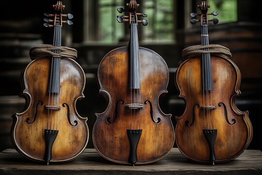 Three antique cellos sit gracefully upon a weathered wooden surface