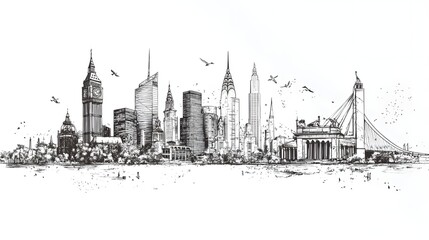 Fototapeta premium Hand-drawn sketch of a city skyline panorama.