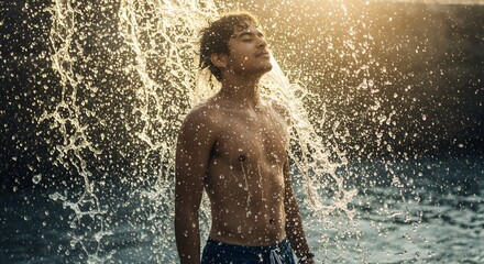 Man Showering Under Waterfall