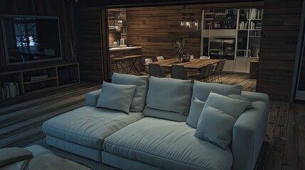 Interior view of a modern rustic living area with dining space.