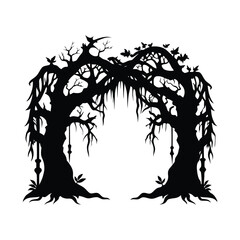 Spooky Silhouette Arching Trees, Bats, and Spanish Moss Illustration