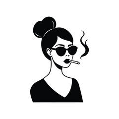 Stylish Woman in Sunglasses Smoking Cigarette Black and White Vector Illustration