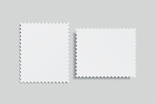 Blank vector realistic rectangle postage stamp mockups frames with perforated edges. Template suitable for presentation postcard, letter, label, coupon, boxes, stamp, sticker, envelopes, leaflets 
