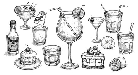 Sketched Drinks and Desserts Illustration in Monochrome