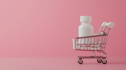 Shopping Cart with White Bottle and Pills on Pink Background for Health and Wellness Concepts