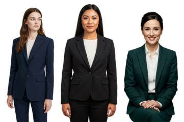 Three diverse young adult professional women wearing business suits in navy blue, black, and dark green, posing in a studio against a transparent background