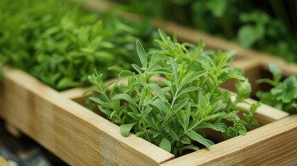 A sprig of tarragon nestled among other fresh herbs on a wooden herb rack, ready for cooking.