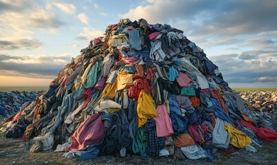 Large pile of discarded clothing in landfill symbolizing textile waste and environmental pollution impact
