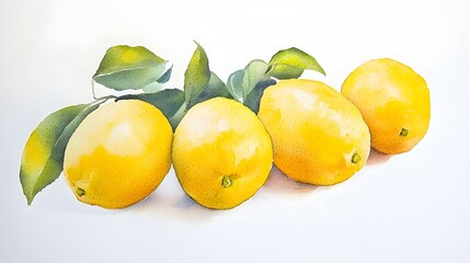 Watercolor still life depiction of lemons and leaves.