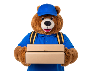 Brown Teddy Bear in Blue Uniform Delivering Pizza Boxes