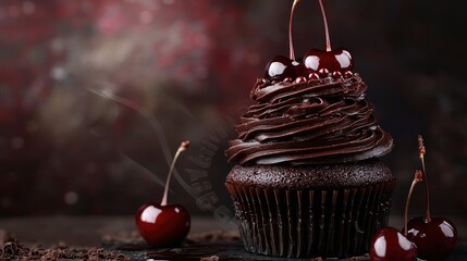 A stack of gourmet chocolate cupcakes with decadent chocolate frosting and perfectly placed glossy cherries on top.