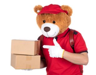 Brown Teddy Bear Delivery Person in Red Uniform Points at Packages