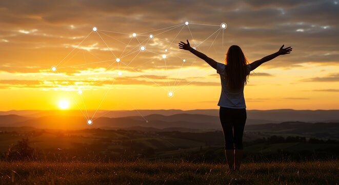 Woman Silhouette at Sunset with Network Connection