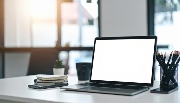 A sleek laptop computer rests on a minimalist white desk, surrounded by a few scattered stationery items, creating a tidy and modern workspace. - Powered by Adobe