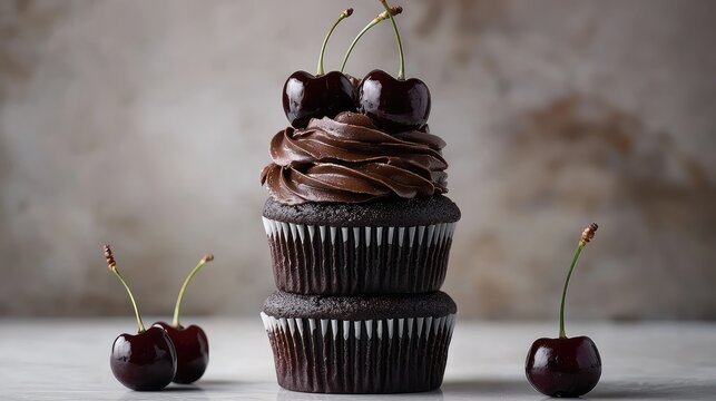 A stack of gourmet chocolate cupcakes with decadent chocolate frosting and perfectly placed glossy cherries on top.