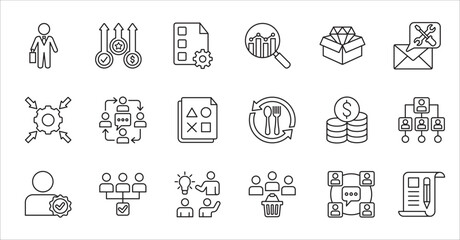 Business company and Management icon set. Contains symbol of success, data, reward, work, money, employee, businessman, target, finance, lunchtime, task, shop, meeting, education. Vector illustration