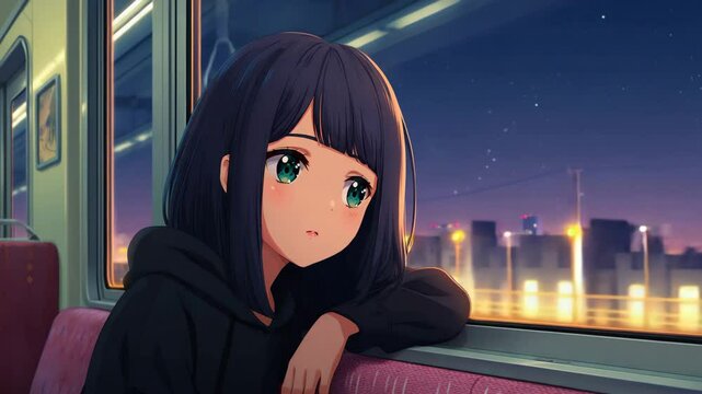 Anime girl inside train watching beautiful city lights during night