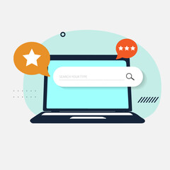 On the laptop screen there are Star, a search and rating bar, a protection icon, messages and discounts. SEO optimization web analytics and marketing social media.