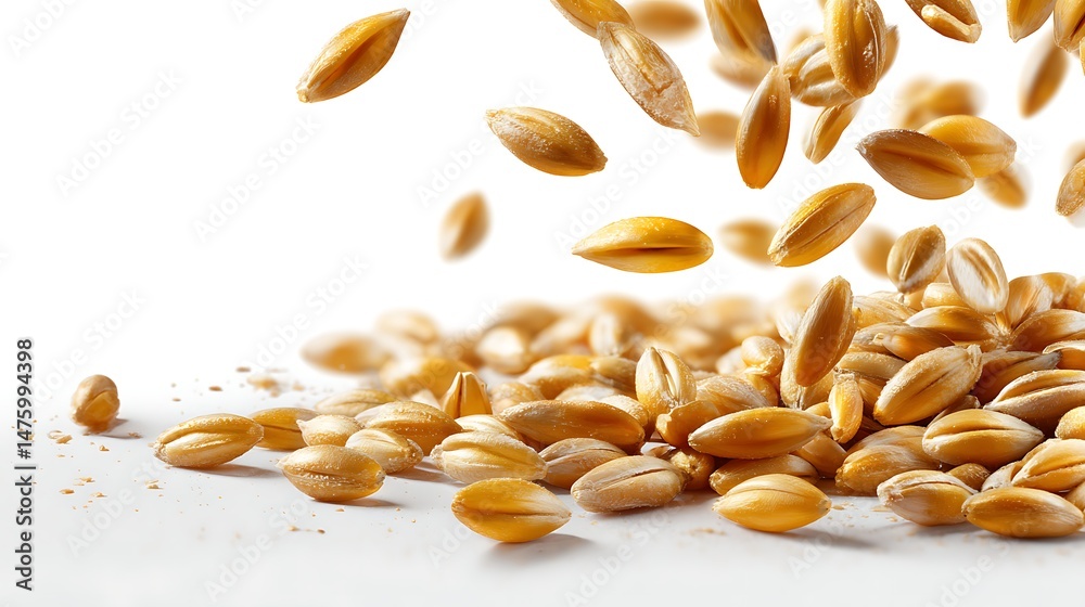 Poster close up of falling wheat grains on a white background with a clipping trail