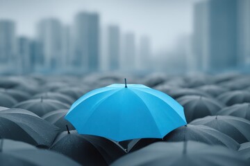 A blue umbrella over gray ones against an urban backdrop symbolizing business and safety