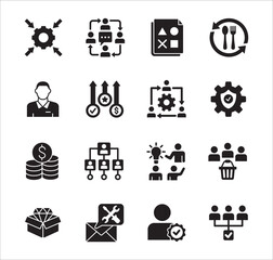 Business management flat icon set. Contains symbol of hierarchy, data, reward, work, money, employee, businessman, target, finance, lunchtime, success, task, shop, meeting, job. Vector illustration