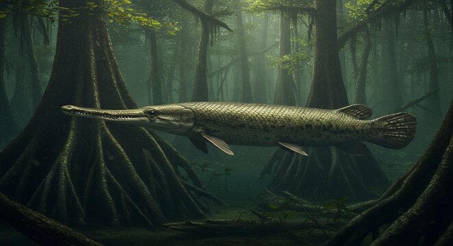 Alligator gar in swamp