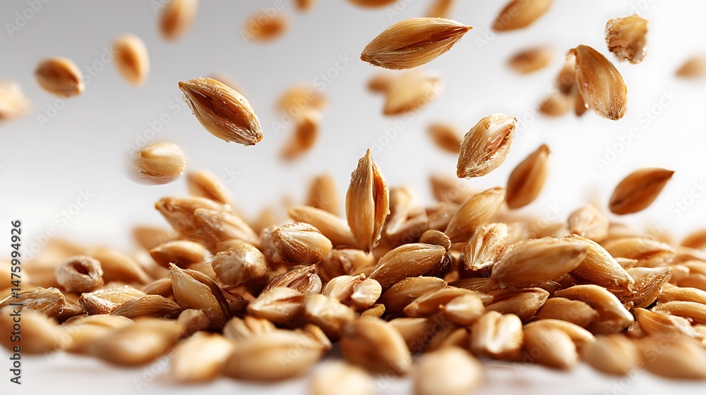Poster close up of falling wheat grains on a white background with a clipping trail