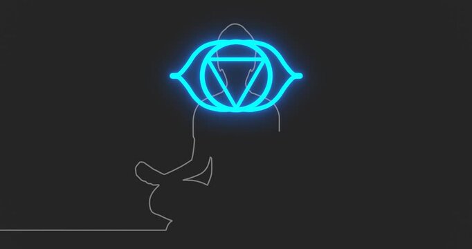 Young girl with sitting in yoga lotus pose. Third eye chakra point with definition. Happy relaxed female character performing meditation exercise. Sport and health. Fashion girl outline silhouette.