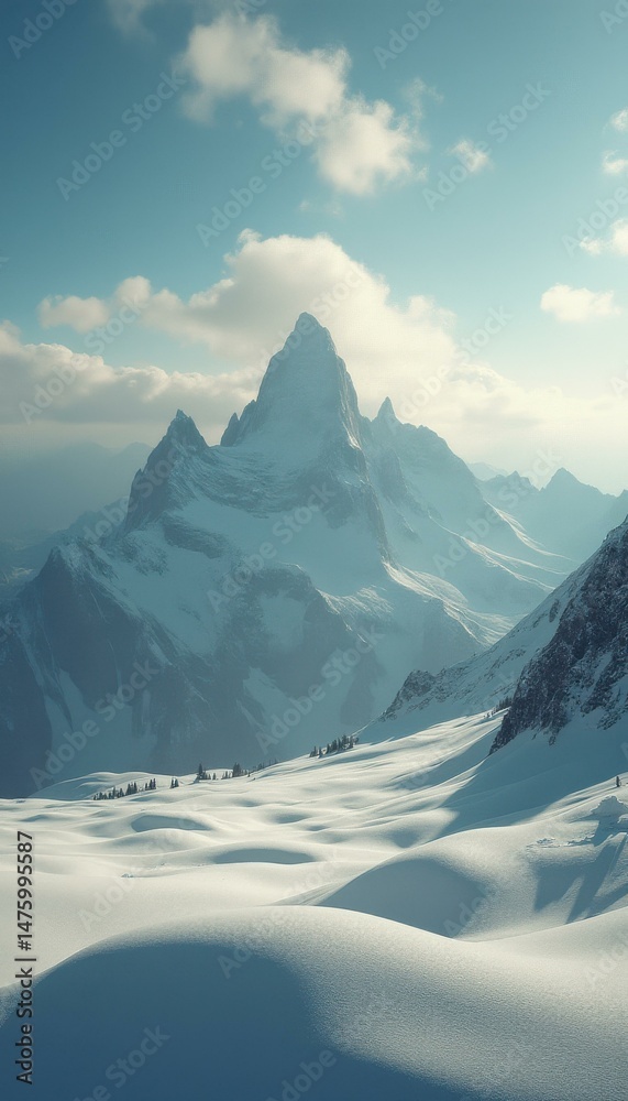 Poster majestic mountain range covered in snow under a blue sky with scattered clouds, creating a serene wi
