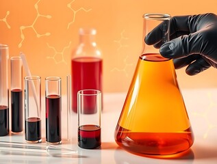 A Gloved Hand In A Laboratory Holds A Conical Flask With Orange Liquid Surrounded By Test Tubes And A Chemical Formula Overlay, Pharmaceutical Research, Biochemistry.