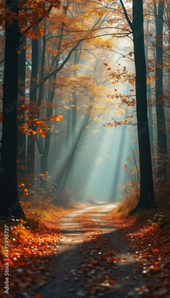 Poster sunbeams illuminate a forest path in autumn, casting shadows on the leaf-strewn ground
