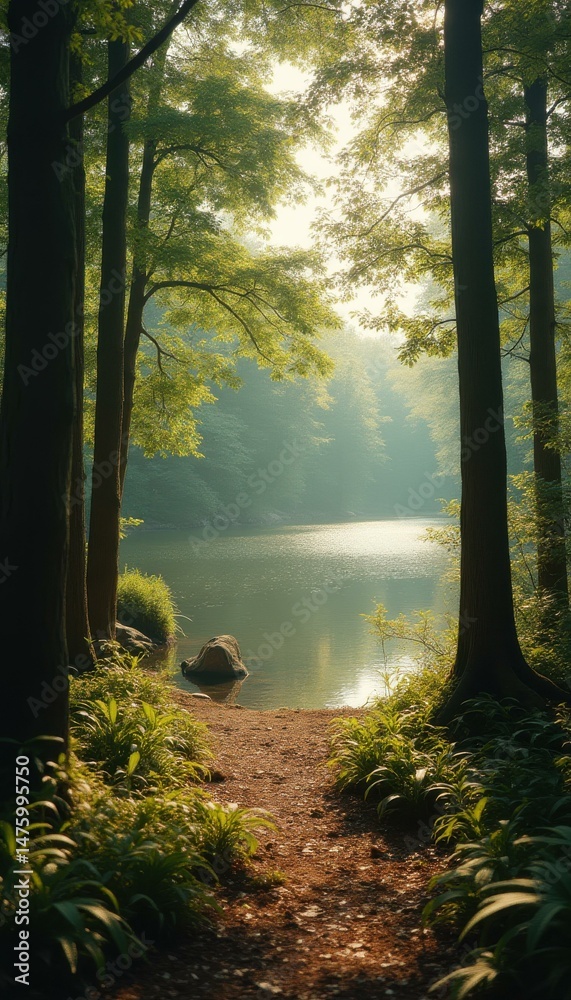 Fototapete path through a serene forest leading to a calm lake with sunlight filtering through the trees