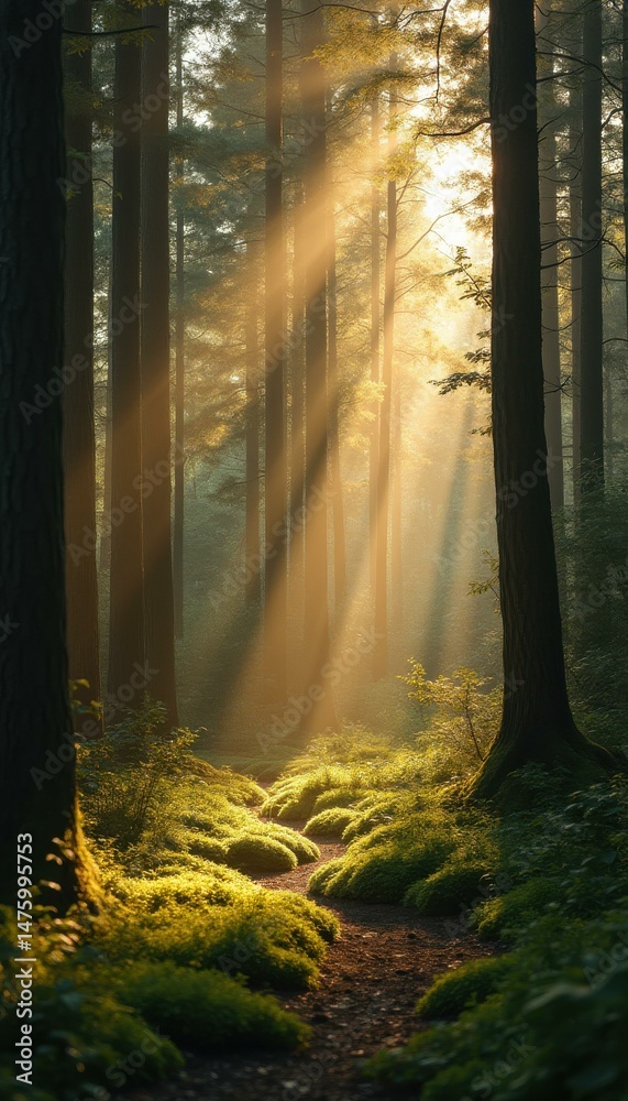 Poster breathtaking sunlight filtering through a verdant forest with mossy ground and a winding path