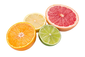 Freshly cut citrus fruits assortment isolated on a black background for healthy eating.