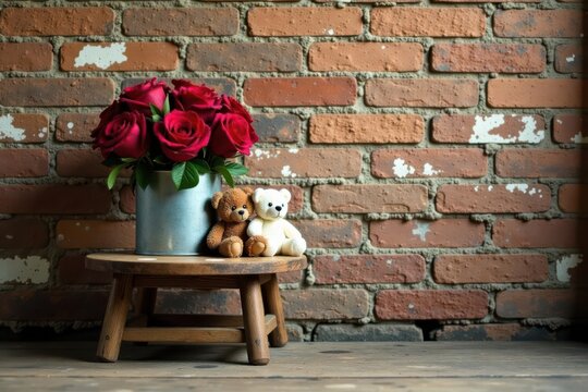 Romantic arrangement of red roses in a metal container, accompanied by two adorable teddy bears perched on a rustic wooden stool against a textured brick backdrop