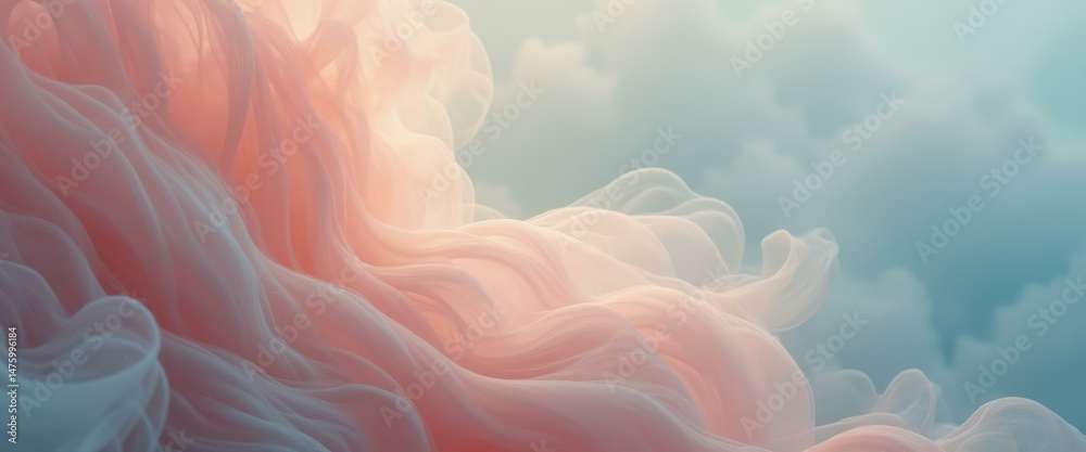 Poster abstract ethereal background with flowing pink fabric and soft blue hues creating a dreamy, tranquil