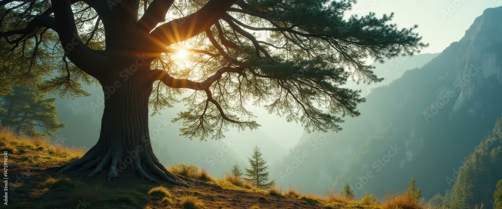 Poster majestic tree with sunbeams overlooking a scenic mountain range landscape shrouded in mist, creating