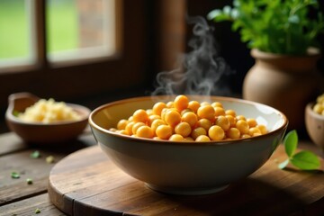 A bowl of freshly steamed yellow orbs, emitting fragrant steam, rests on a rustic wooden surface, accompanied by a small bowl of grated cheese, suggesting a culinary preparation.