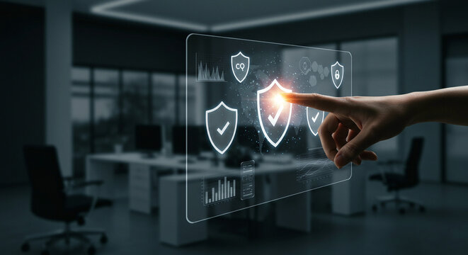 A digital touch screen interface shows cybersecurity shield icons. A finger points to a shield indicating cybersecurity protection.