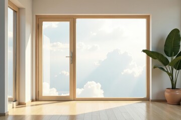 Naklejka premium Bright Room with Wooden Door and Panoramic View of Sky