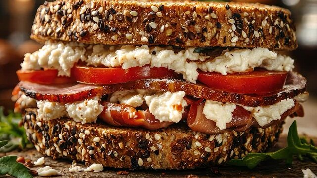 A hearty sandwich layered with flavorful meats, creamy cheese, juicy tomato slices, and multigrain bread