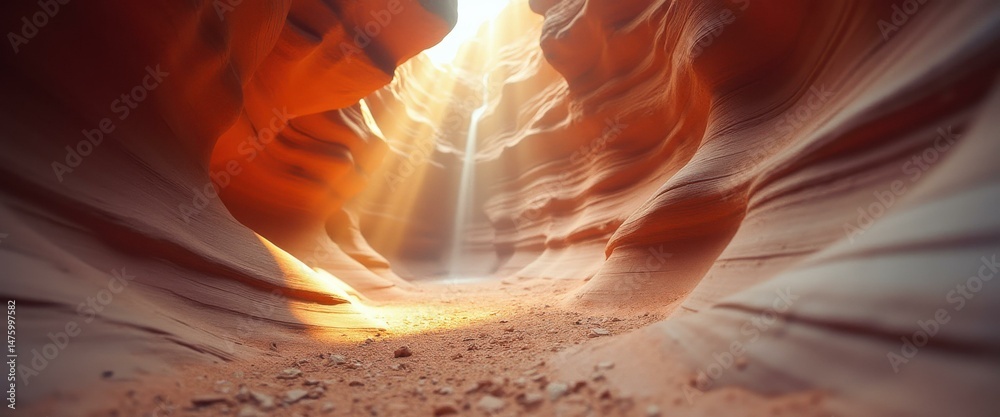 Poster desert canyon with light rays illuminating the eroded sandstone formations, creating a sense of wond