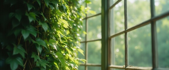 Tranquil Green Space: Sunlight Streaming Through an Old Window Framed by Ivy