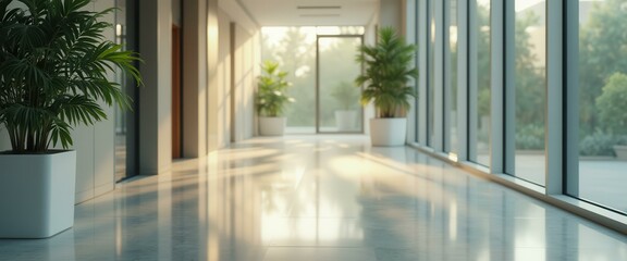 Obraz premium Serene Office Interior: Hallway with Potted Plants and Natural Light for a Calming Workspace Ambiance