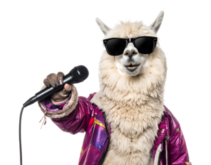 Singing Alpaca in Sunglasses and Purple Jacket