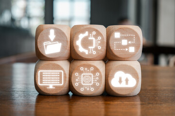 Wooden blocks displaying electronic data interchange symbols, representing digital communication and data exchange.