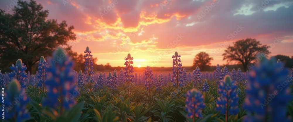 Poster tranquil field of bluebonnets bathed in the warm glow of a dramatic sunset, creating a serene and pe