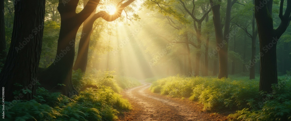 Fototapete Sunlight streams through dense trees illuminating a winding path in a mystical forest