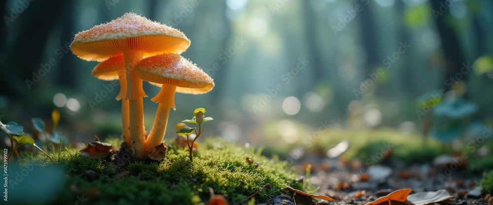 Poster captivating mushroom cluster in a sunlit forest, showcasing mossy ground and soft bokeh backdrop for