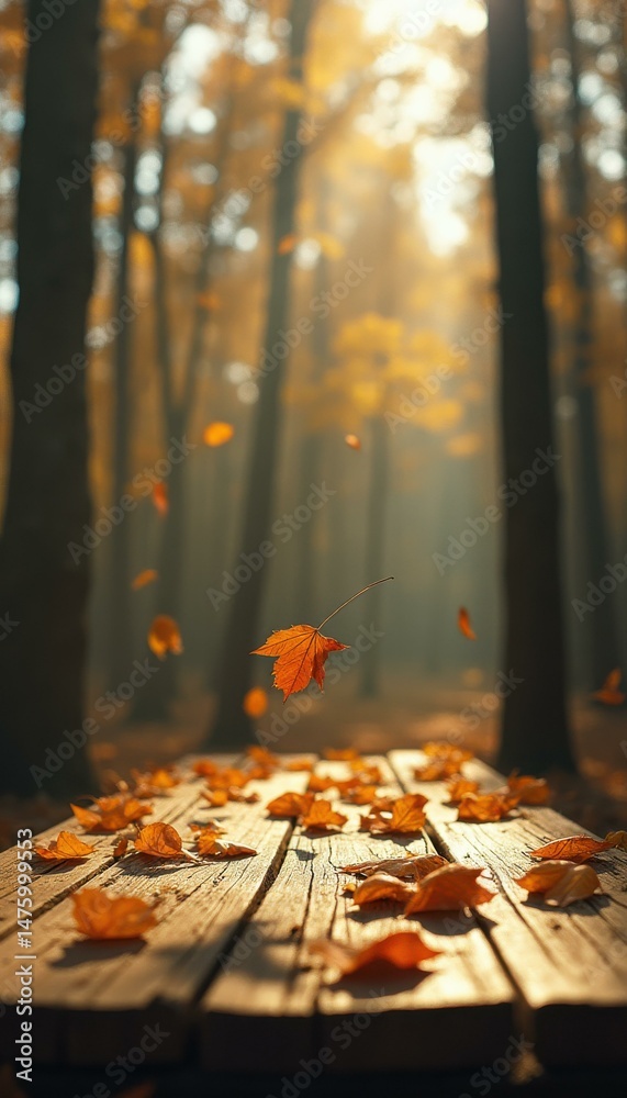Poster autumn serenity: floating maple leaf in a forest of golden hues on a wooden surface under sunlit can